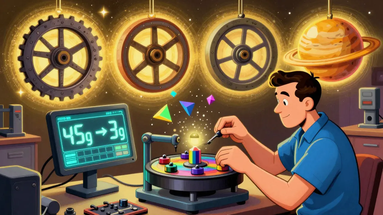 Мастер балансирует колесо на цифровом стенде с glowing показателями и космическими узорами.