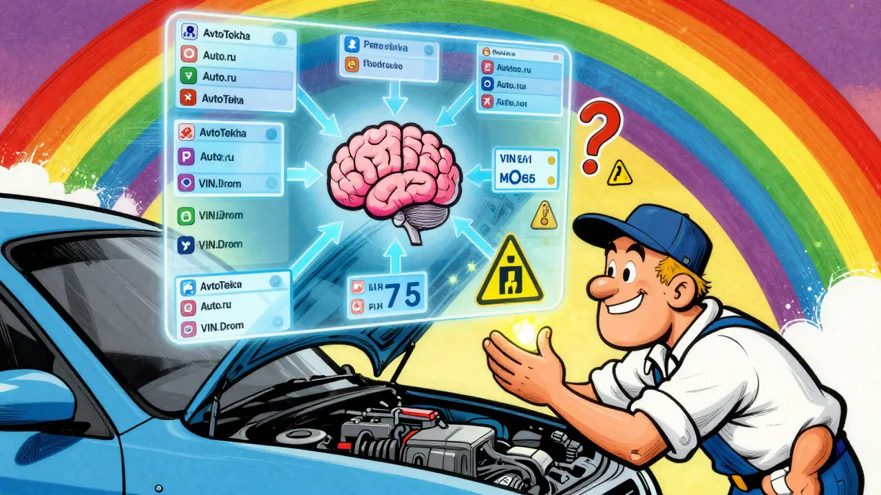 Механик осматривает машину, над ней — голографические отчеты VIN-данных в стиле Питера Макса с радугой и ценником 175 руб.
