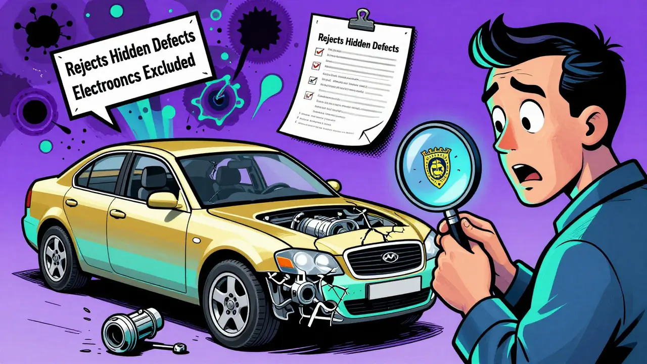 Механик показывает скрытые дефекты автомобиля, а над ним плавают запрещенные пункты договора в стиле Питера Макс