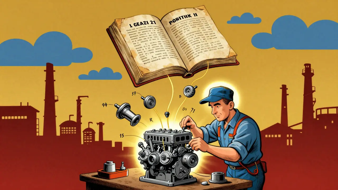 Механик собирает двигатель, вокруг — оригинальные детали и старинная инструкция в стиле Питера Макса.