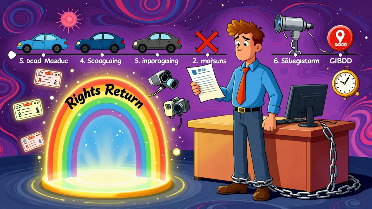 Мужчина сдаёт экзамен в ГИБДД, за его спиной — цепи из прошлых нарушений, а впереди — светящийся портал возврата прав.