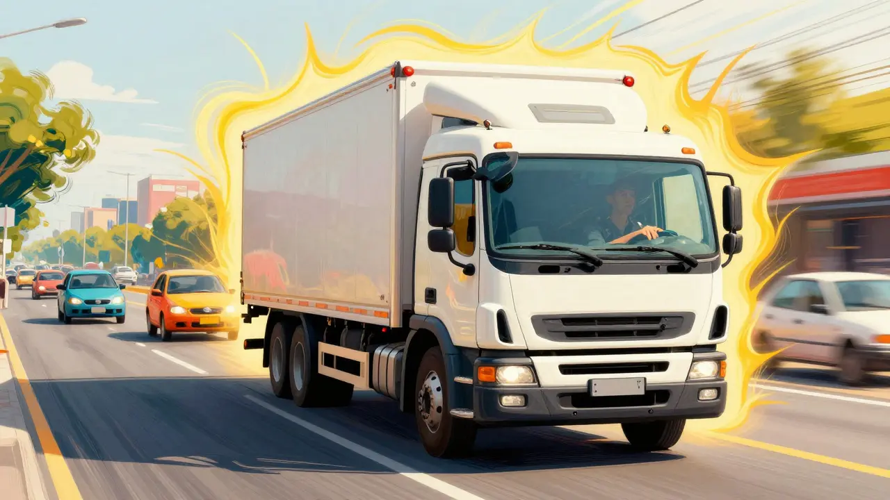 Новичок едет за грузовиком по городу, с радужными линиями вокруг, символизирующими спокойствие и безопасность.