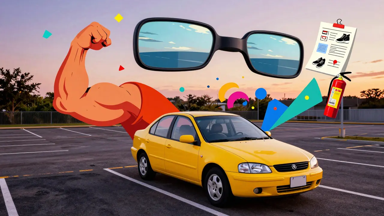 Новичок отрабатывает парковку на пустой стоянке, вокруг — плавающие символы безопасности и правильной подготовки.