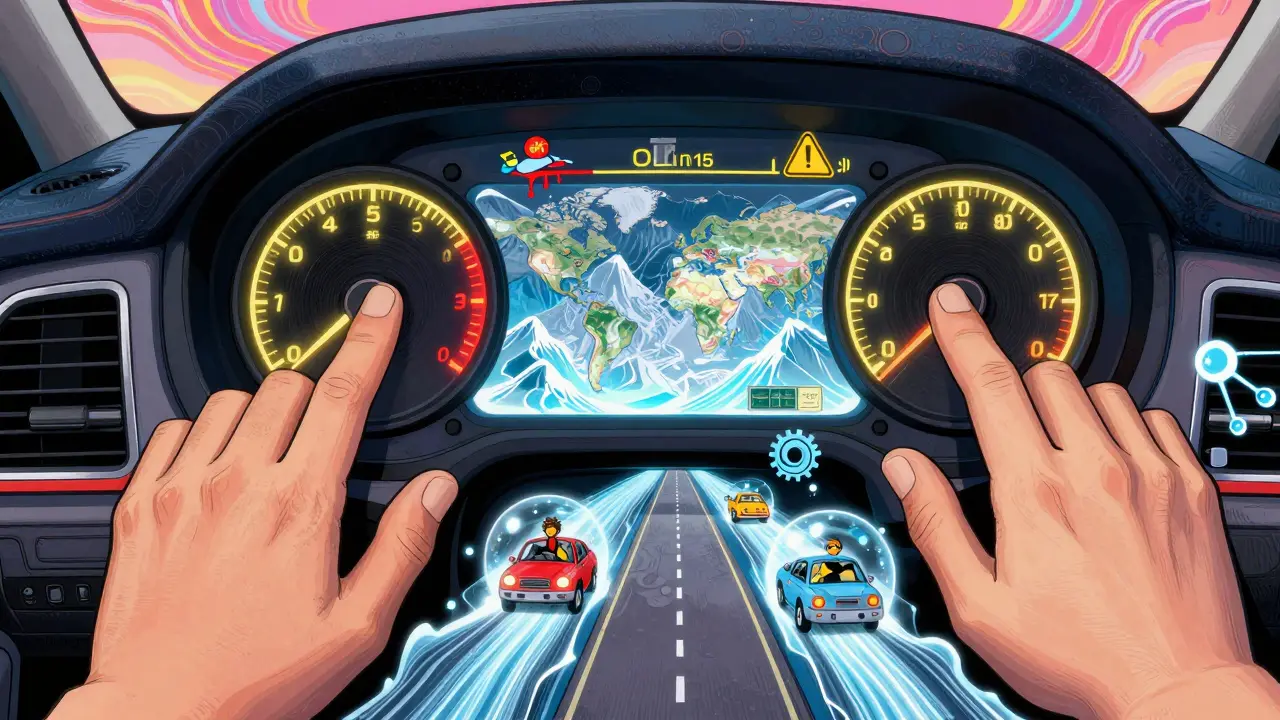 Панель приборов с переключением передач, горная дорога превращается в световые ленты, в стиле Питера Макс с психоделическими узорами.