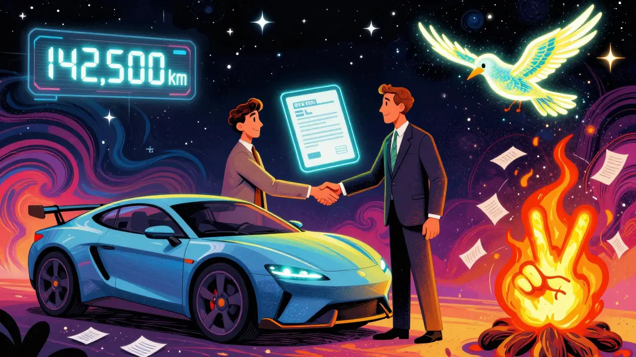Покупатель и продавец передают автомобиль под звездным небом, где договор парит в воздухе, а старый документ сгорает в виде лебедя.