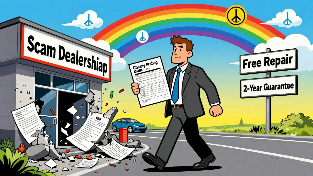 Покупатель уходит от мошеннического салона с документами, а позади рушится здание обмана в стиле Питера Макс