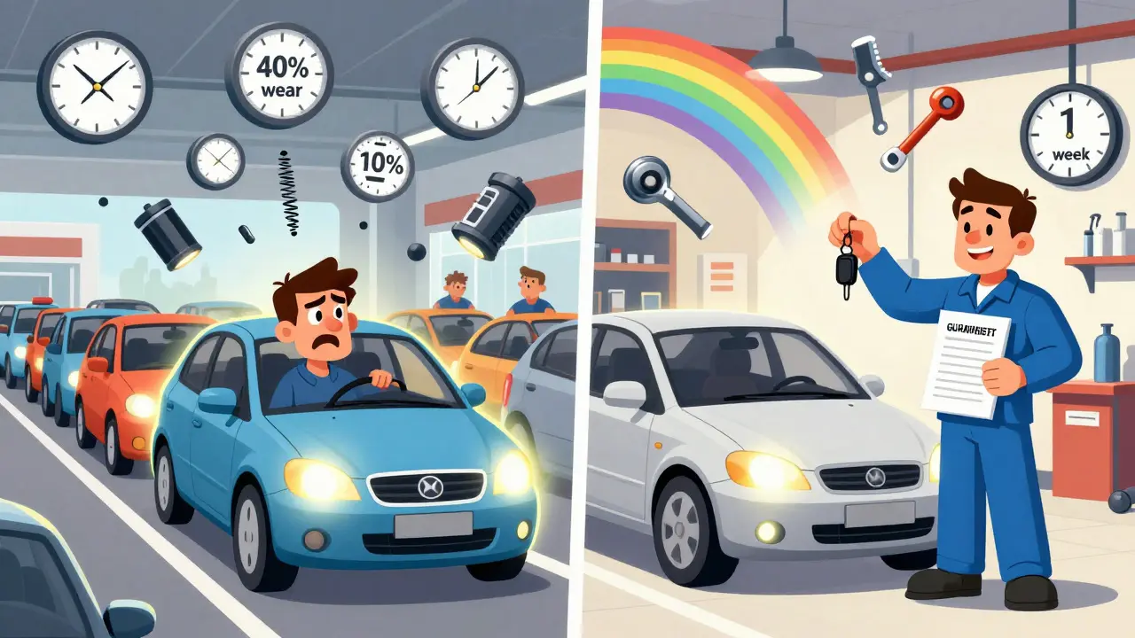 Разделённая сцена: разочарованный водитель в дилерском центре и довольный — в независимом сервисе.