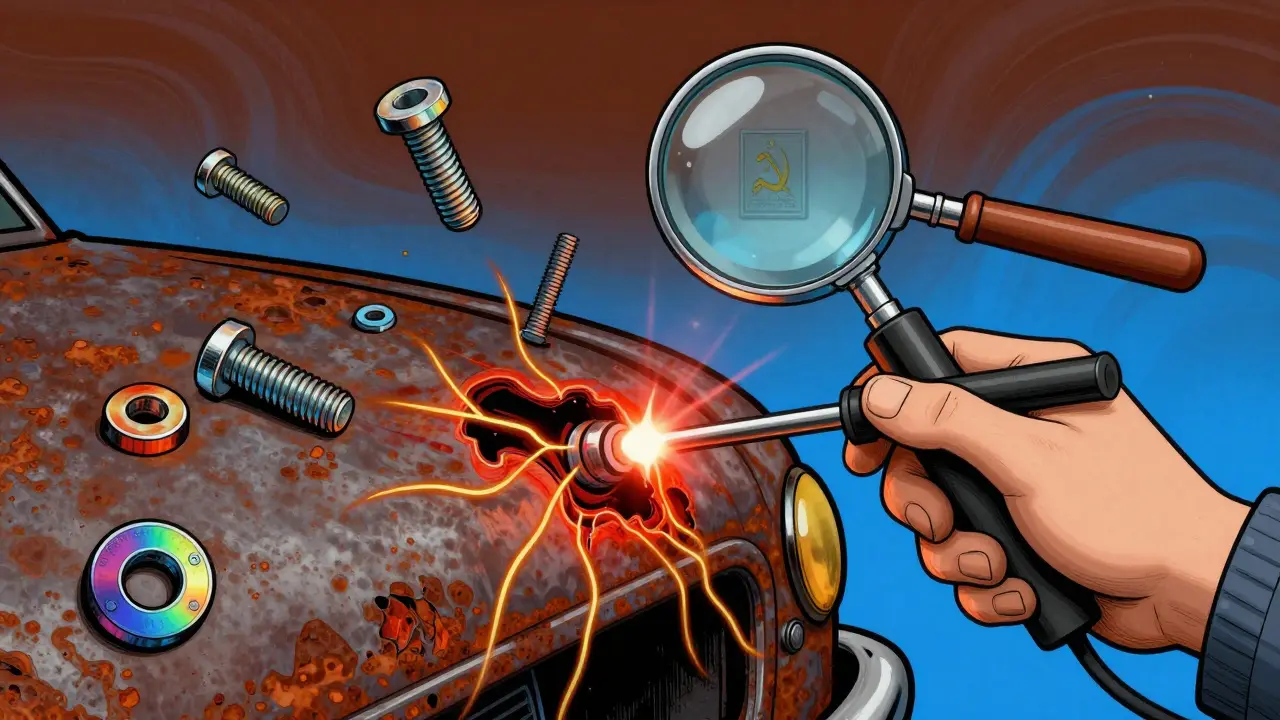 Ржавчина в кузове видна как свечение, рядом — оригинальные болты и измерительный прибор.