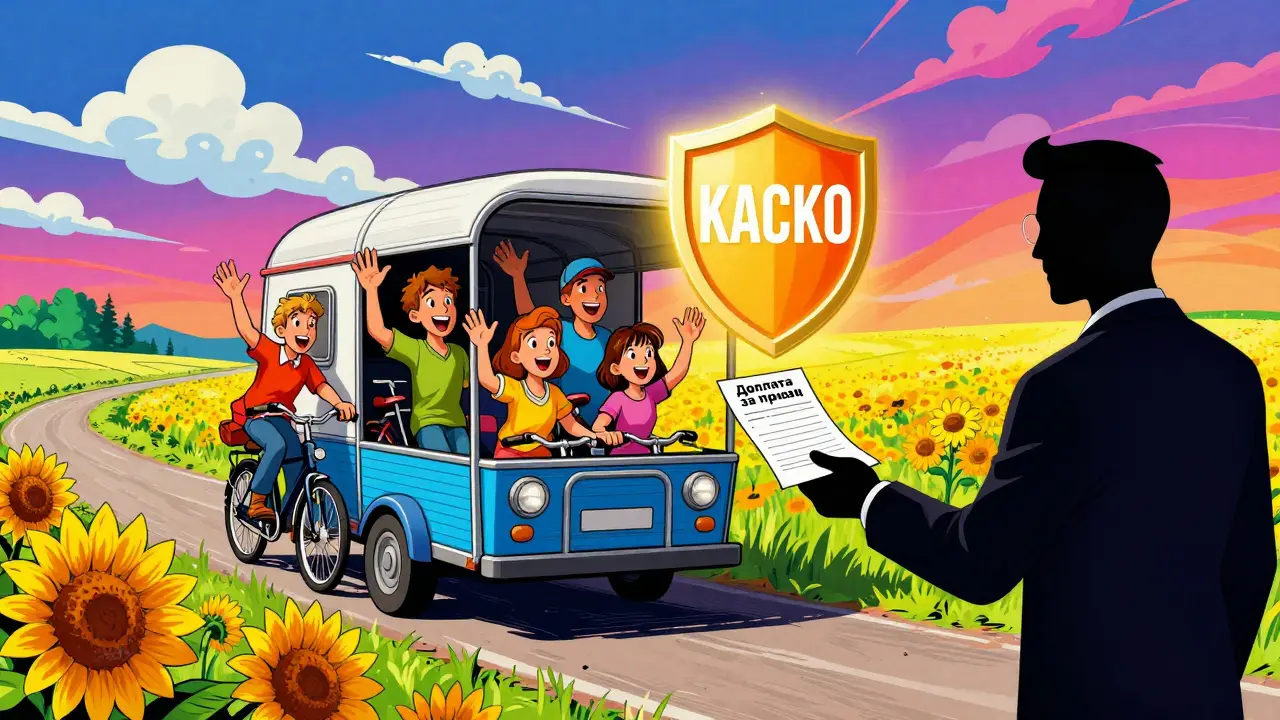 Семья отвергает навязчивого агента, над прицепом светится щит КАСКО.