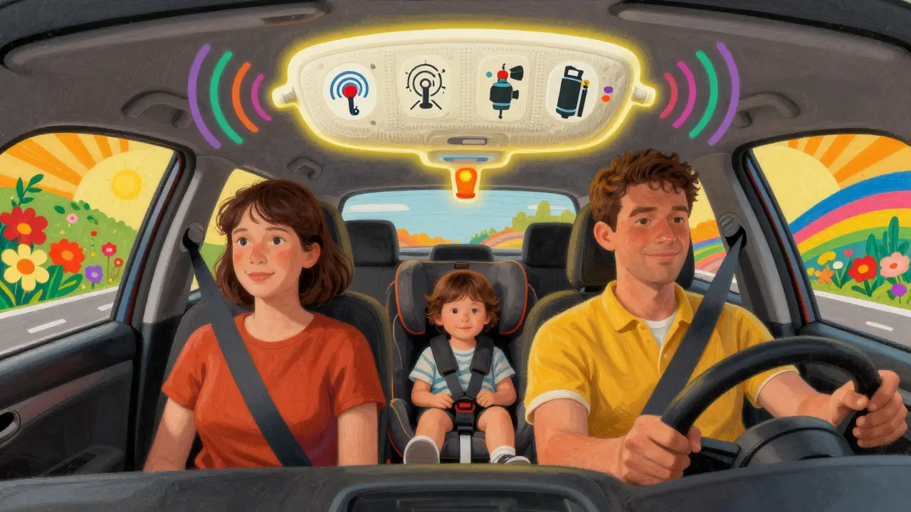Семья в машине, окруженная радужными символами систем безопасности, с подушками, как защитными ореолами.