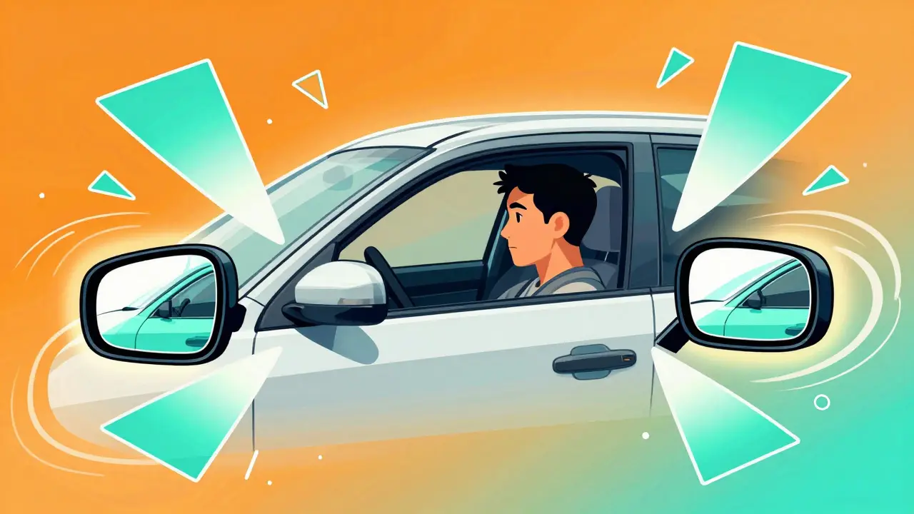 Схема правильной настройки зеркал: видно 10-15% машины в боковых зеркалах, устраняются слепые зоны.