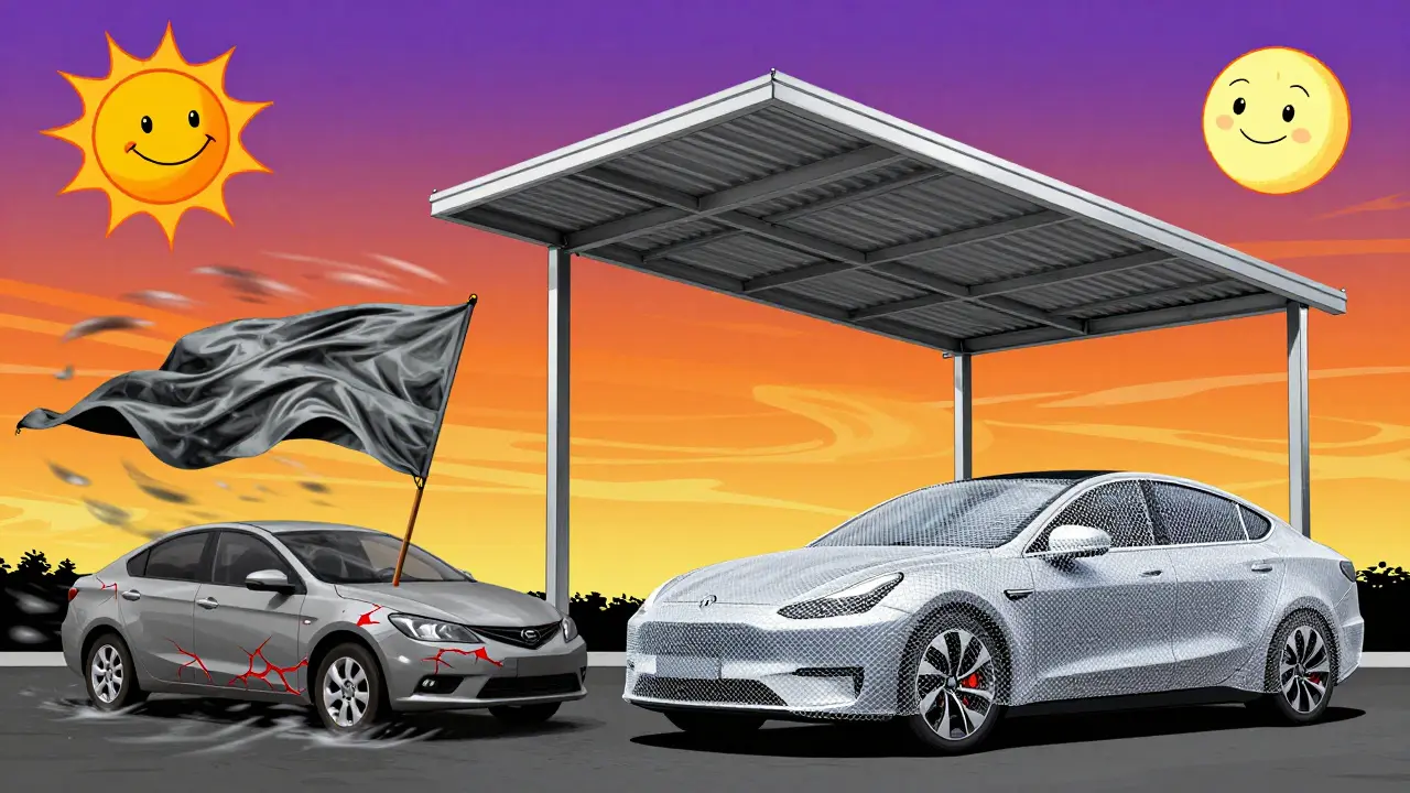 Сравнение: дешевый чехол срывается с машины, а качественный с сеткой и навесом защищают её в ярком психоделическом пейзаже.