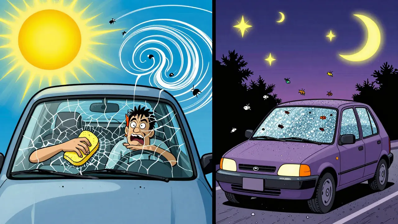 Сравнение: слева — грязное стекло под солнцем, справа — чистое с антидождевым покрытием, насекомые отскакивают.