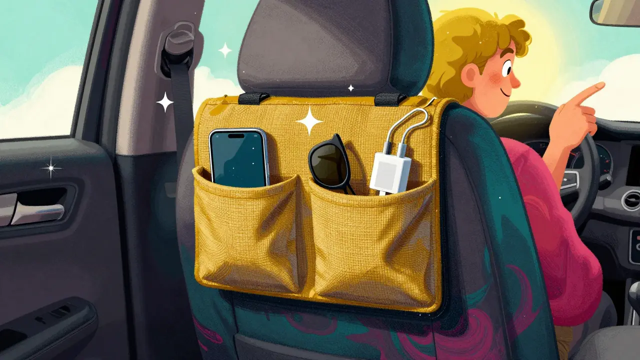 Текстильный карман на спинке сиденья с телефоном и очками, оформленный в психоделическом стиле с яркими цветами и абстрактными узорами.