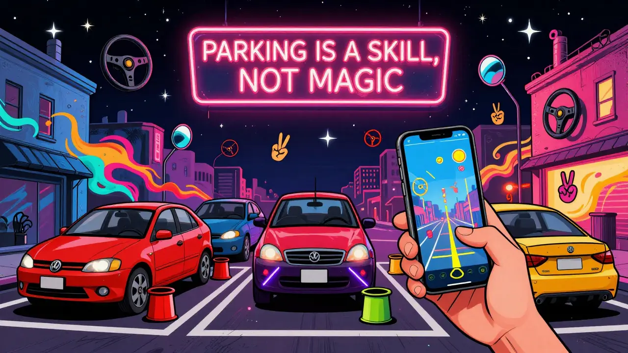 Три новичка тренируются с ведрами как маркерами, над ними — неоновая вывеска и виртуальные линии AR на фоне психоделического неба.