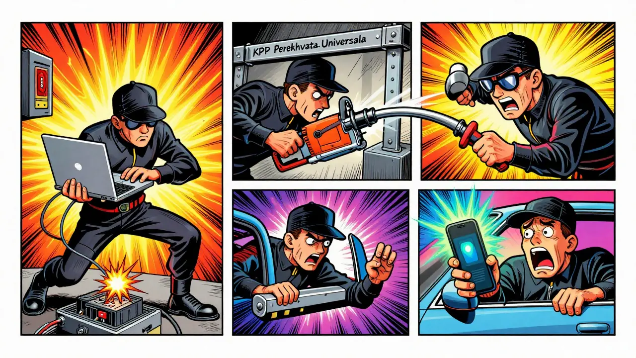 Угонщик застрял между электронной системой, блокиратором КПП и мигающей сигнализацией, всё в ярких психоделических тонах.