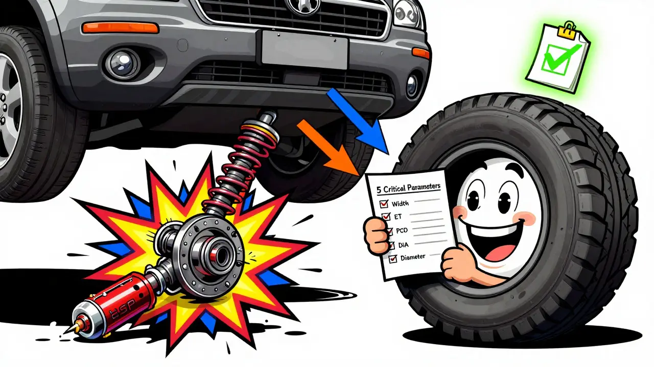 Улыбающаяся шина с чек-листом параметров, вокруг неё взрываются детали подвески и электроники.