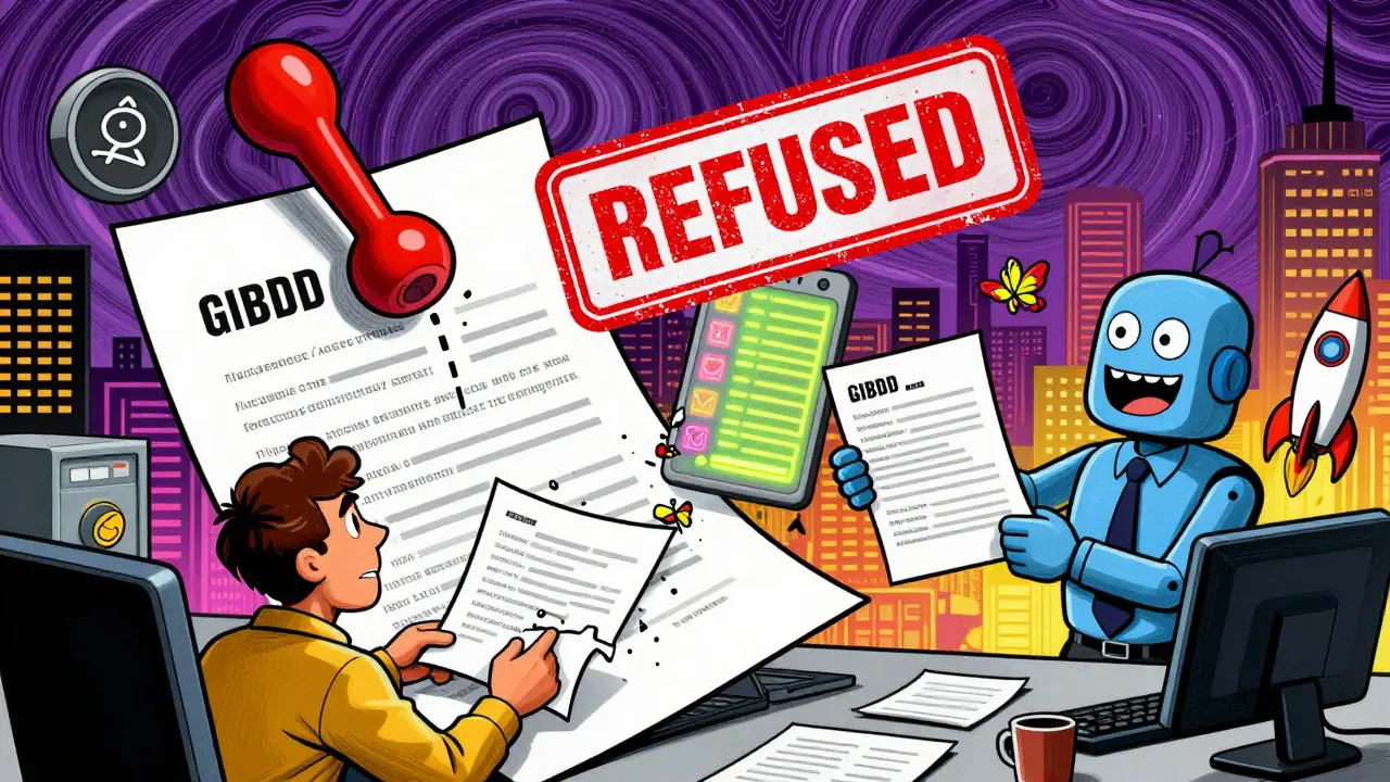 В ГИБДД отказывают в регистрации из-за ошибки в договоре, а 12 требований светятся неоновыми буквами вокруг разорванного листа.