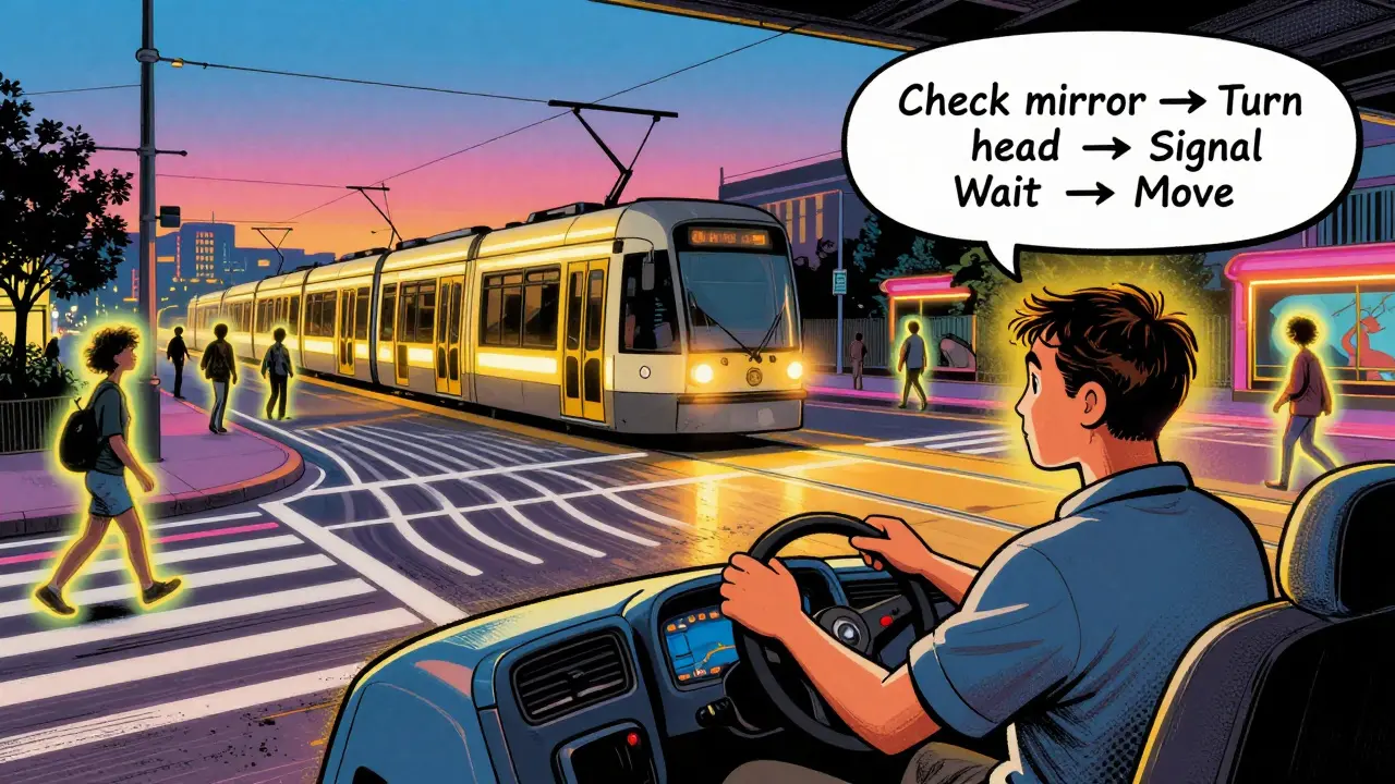 Водитель спокойно проезжает перекресток с трамваем, вокруг — плавные потоки трафика и светящиеся пешеходы.