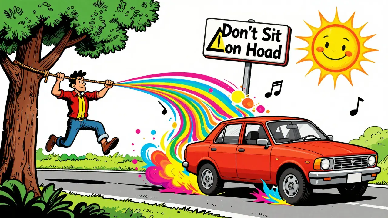 Водитель тянет машину верёвкой через палку, вокруг — радужные энергетические волны и абстрактные облака.