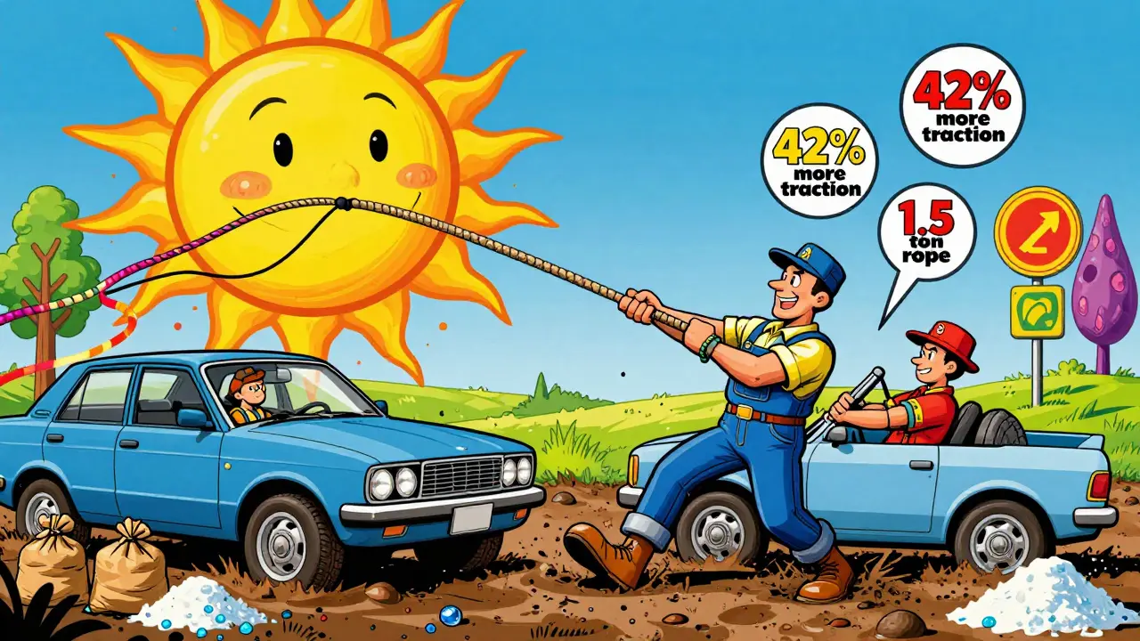 Водитель тянет машину веревкой и палкой, вокруг — солевые мешки и светящиеся подкладки, солнце улыбается.