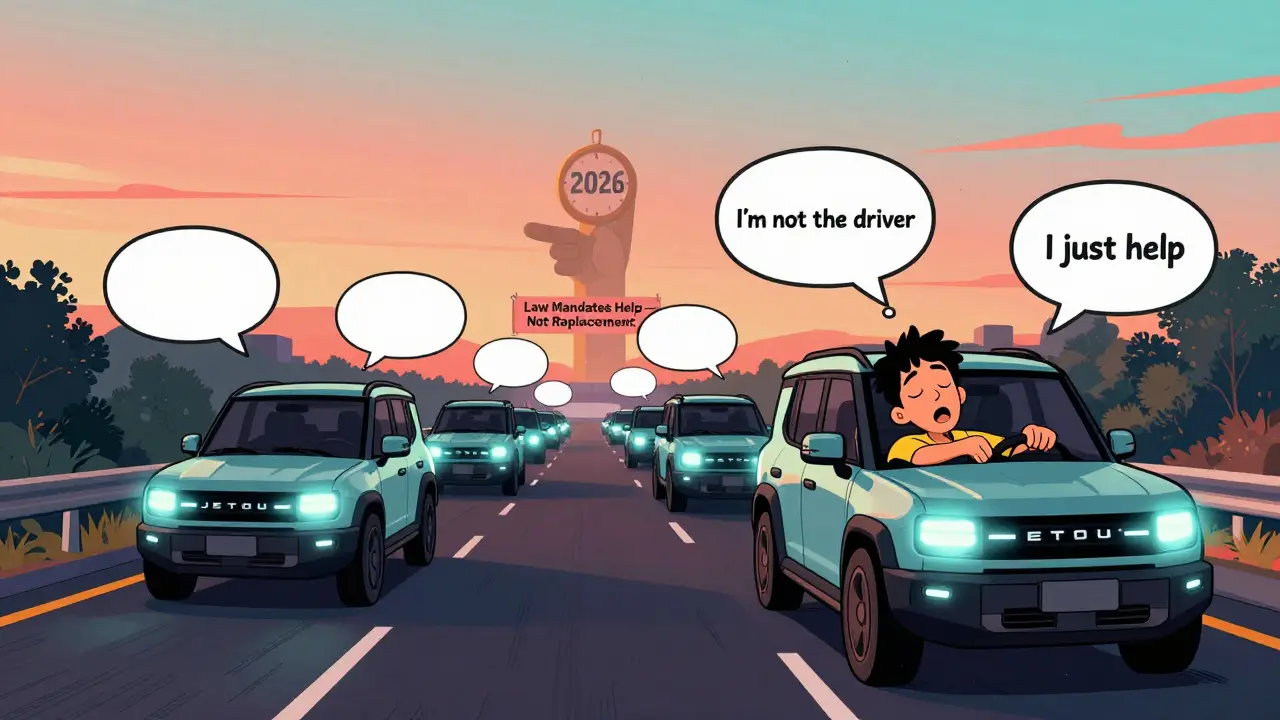 Водитель в JETOUR зевает, система мягко корректирует курс, вокруг — философские мысли и символ 2026 года, напоминающий, что автопилот — это помощь, не замена.