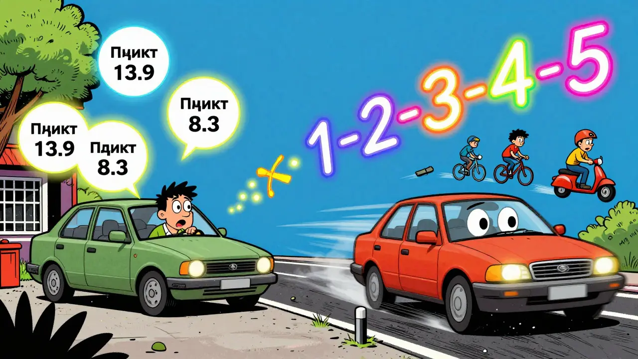 Водитель выезжает из двора, рядом — пешеходы, велосипедисты и летящая машина с цифрами счета секунд.