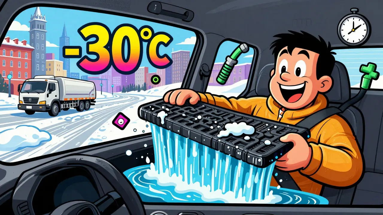 Водитель выносит тяжёлый резиновый коврик с снегом и солью, за ним — зимний пейзаж, всё в психоделическом стиле Питера Макс.