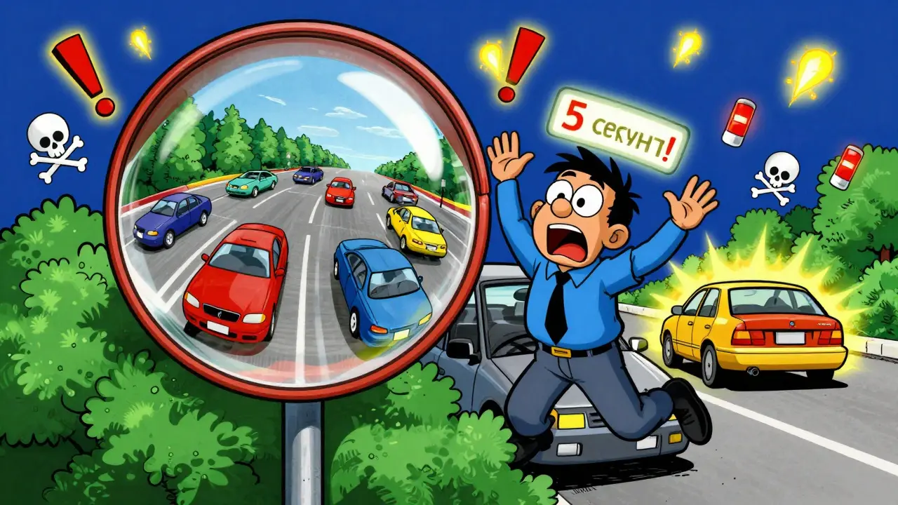 Водитель за кустами смотрит в зеркало, где отражаются машины, над головой — таймер '5 секунд'.