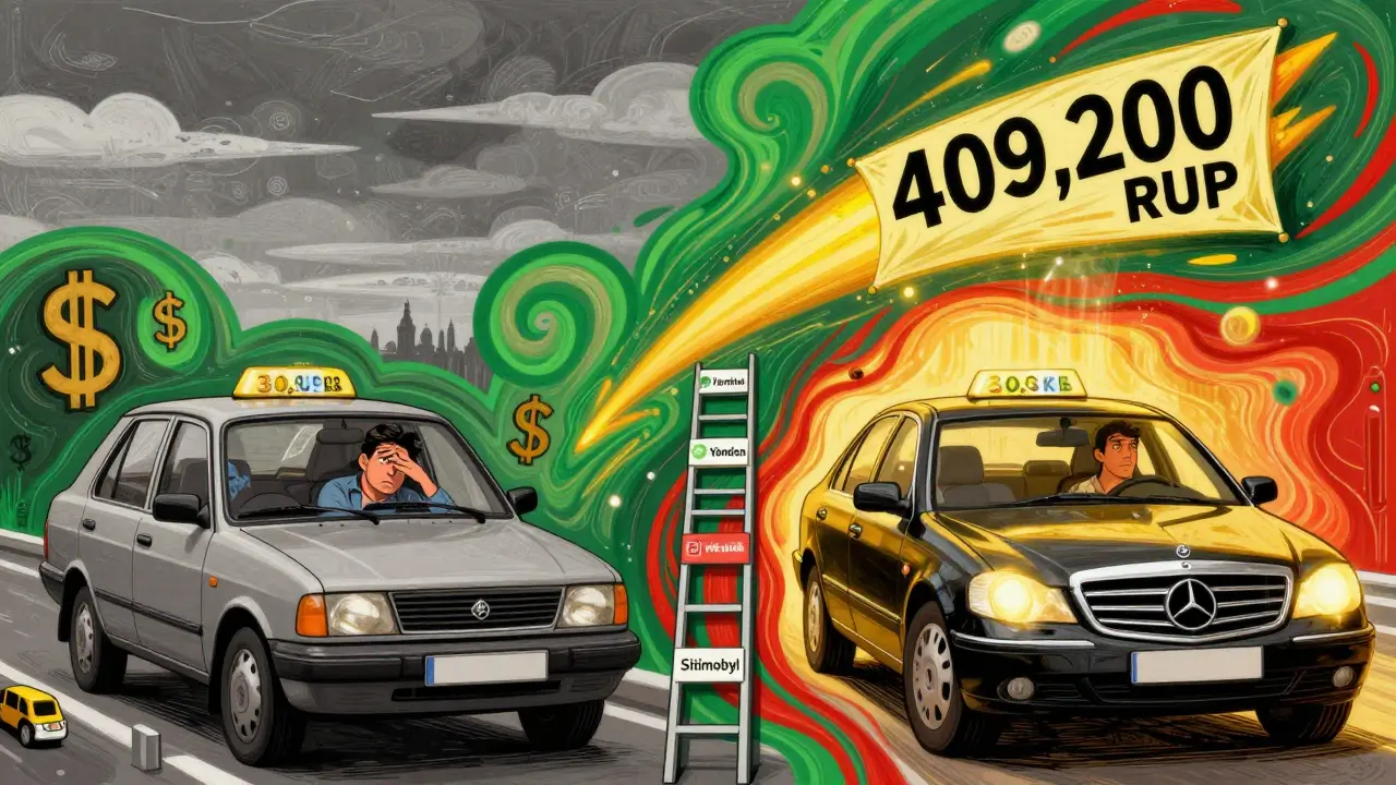 Два мира такси: эконом-класс и премиум в яркой психоделической иллюстрации в стиле Питера Макса.