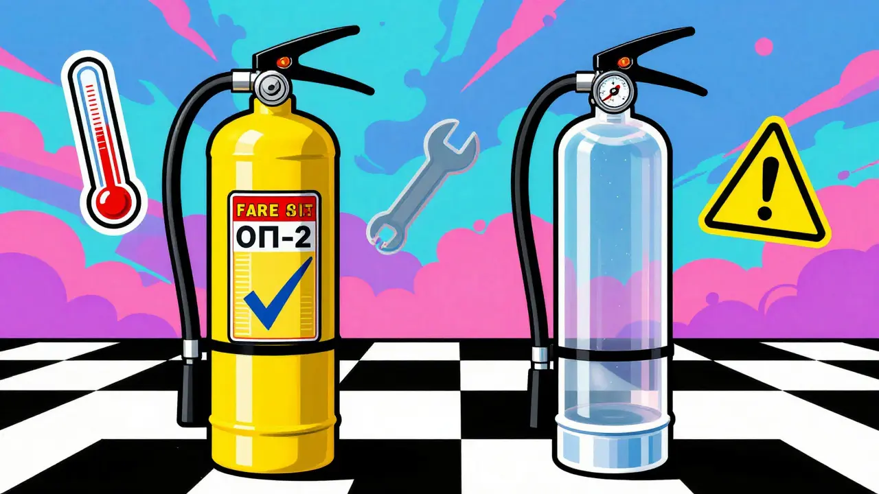 Два типа огнетушителей рядом: порошковый и углекислотный, с символами проверки давления и температуры.