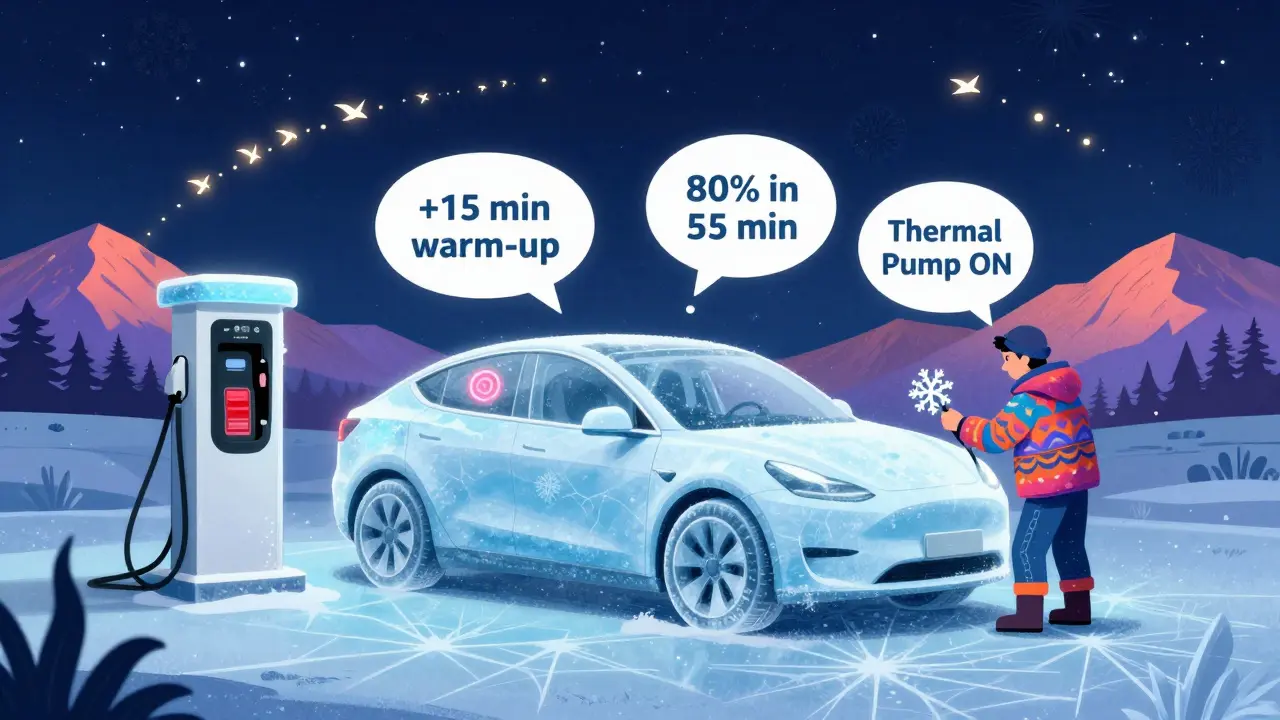 Электромобиль на зарядной станции в зимней Арктике, с индикаторами прогрева батареи и тепловым насосом.