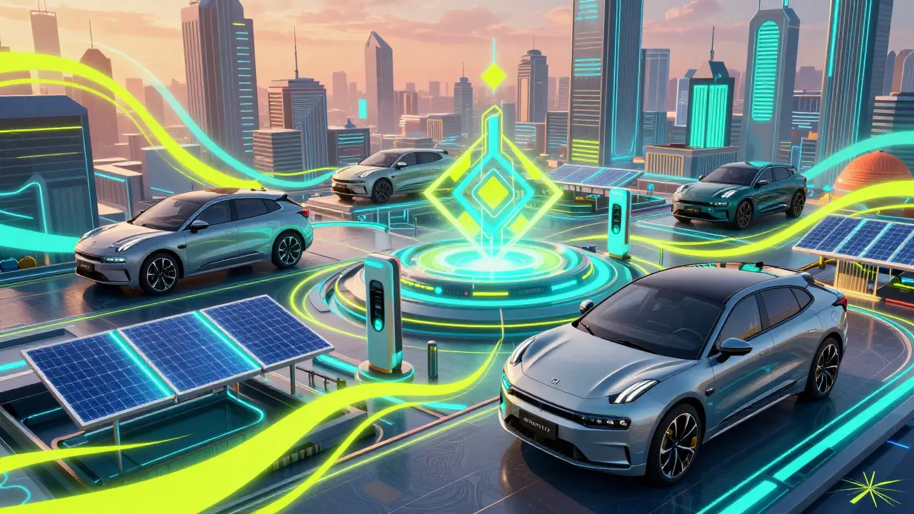 Футуристический город с электромобилями Geely Group и абстрактными элементами