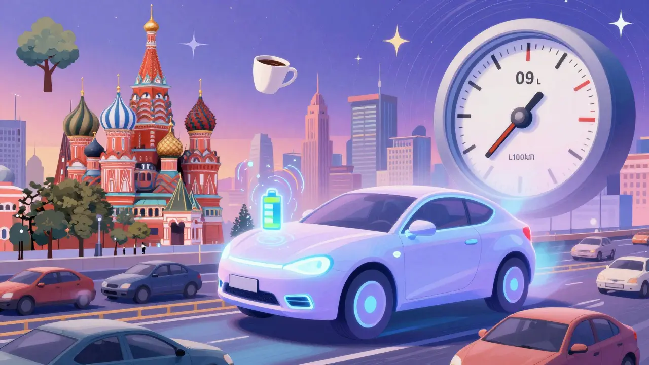 Гибридный кроссовер X70 висит над пробкой, его энергия превращается в цифру 0,9 л/100 км среди пастельных галактических узоров.