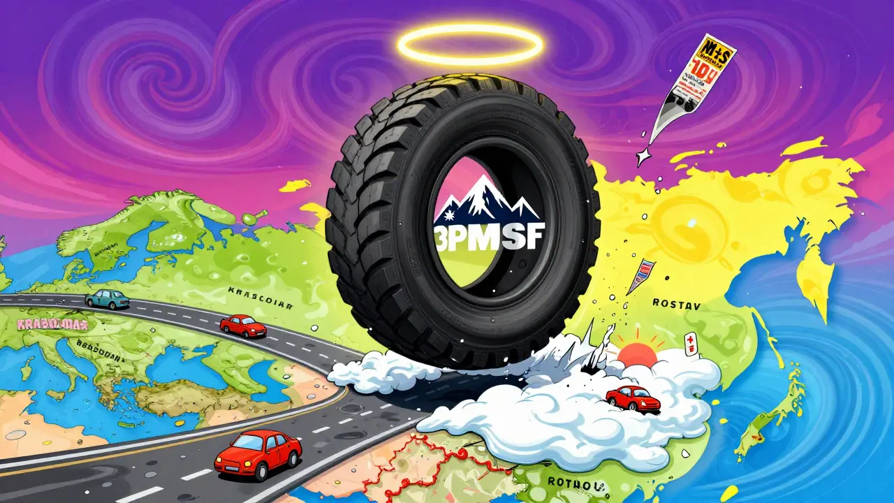Гигантская шина с символом 3PMSF светится над югом России, а маркировка M+S разваливается.