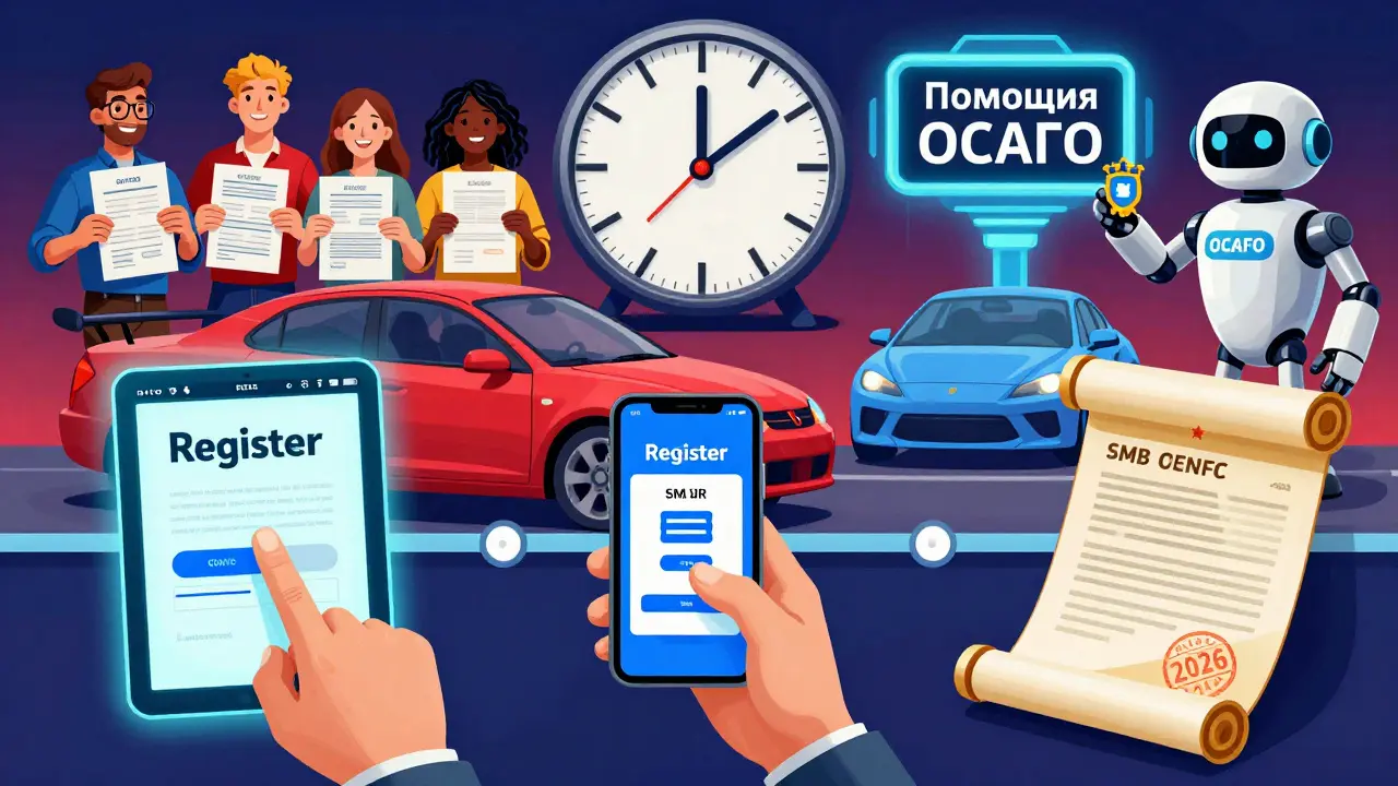 Иллюстрация процесса оформления ОСАГО: от регистрации до получения полиса, с элементами будущего и цифровыми символами.
