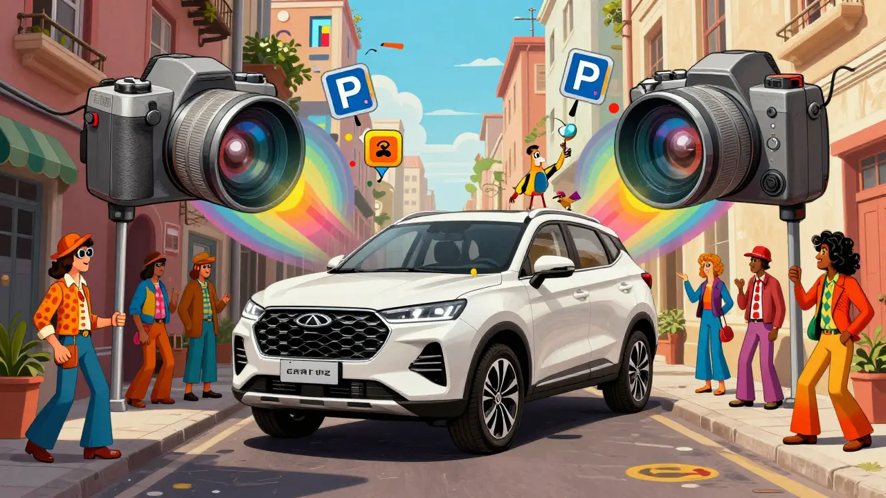 Компактный кроссовер паркуется в узком переулке, вокруг него летают цветные камеры и датчики в стиле Питера Макса.