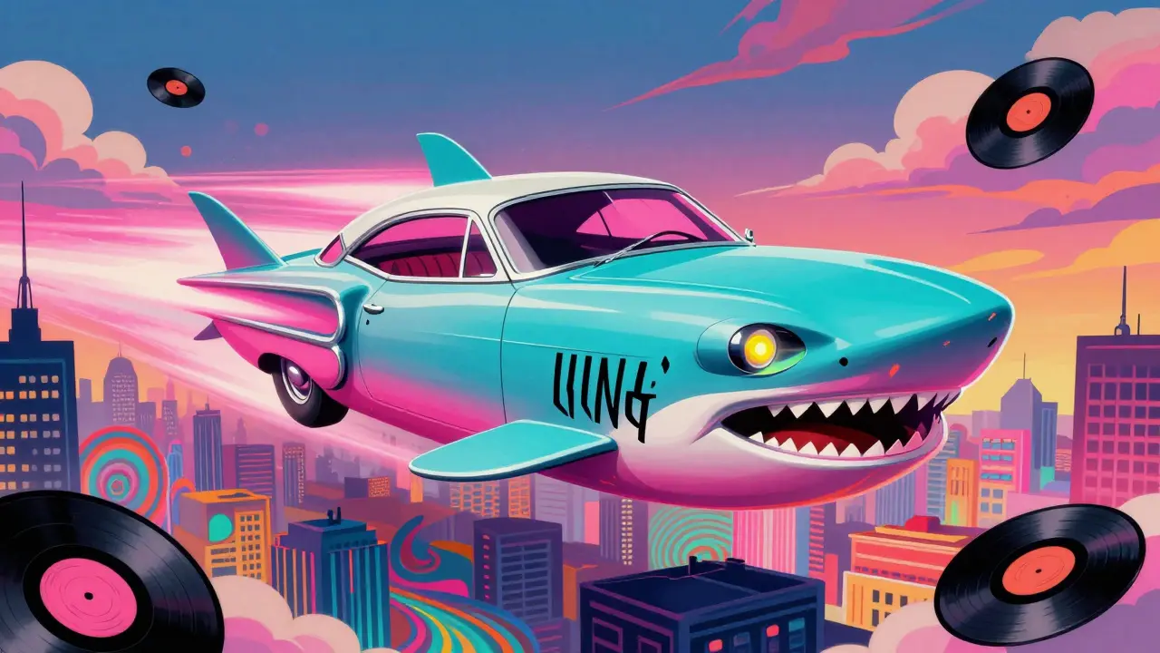 Lincoln Futura в стиле Бэтмобиля, летящий над пульсирующим городом в психоделической галактике 1960-х.