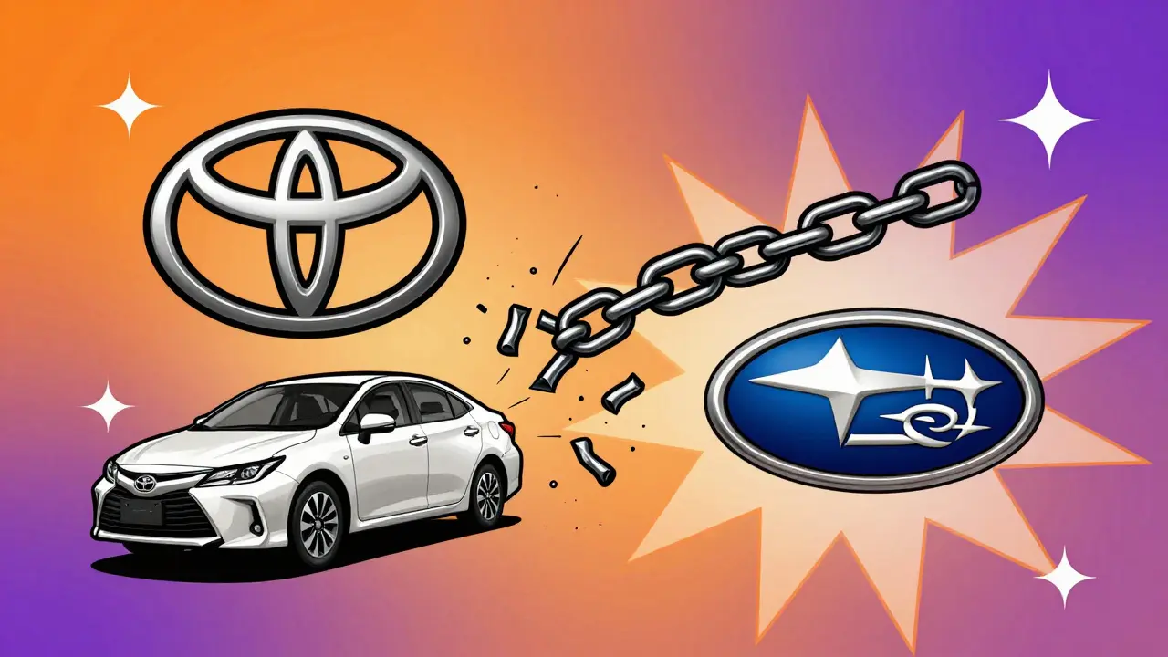 Логотипы Toyota и Subaru, соединенные цепью, часть которой разрывается