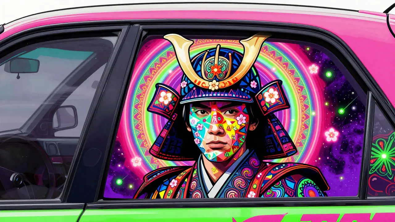 Портрет самурая на двери машины, выполненный в виде психоделической мозаики с цветами и символами.