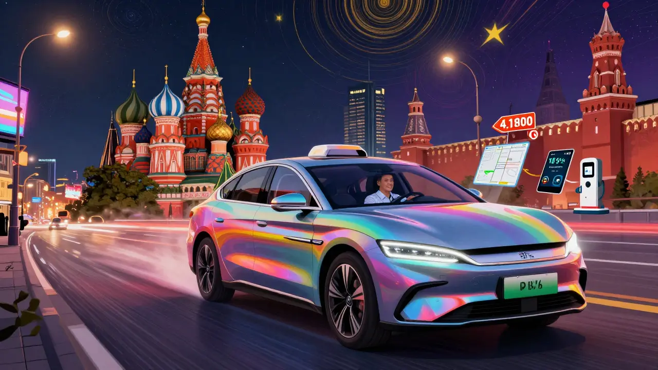 Премиум-такси BYD Han в ночном Москве с зарядной станцией и высоким чеком в стиле Питера Макса.