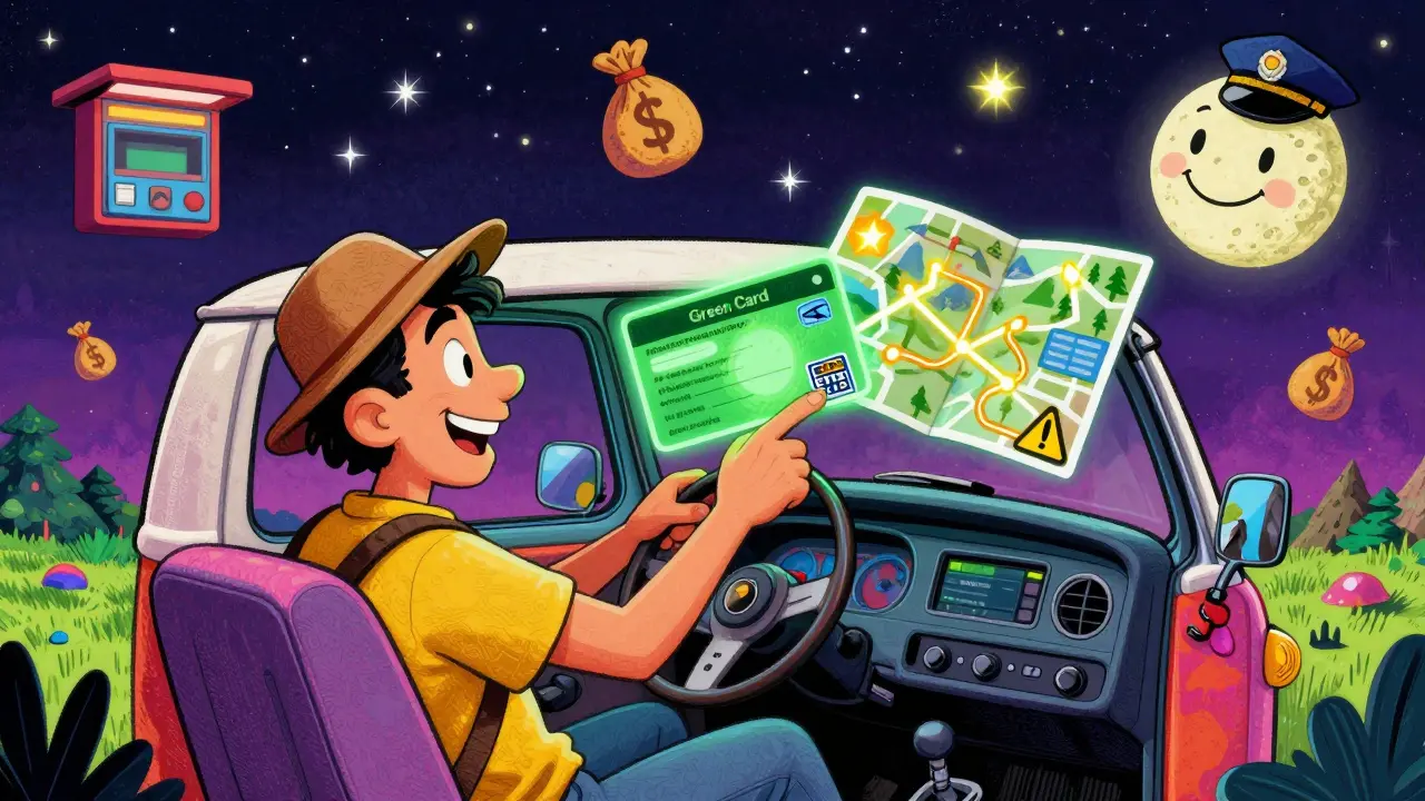 Путешественник загружает в машину виньетки, зелёную карту и ETIAS — всё светится в космическом стиле.