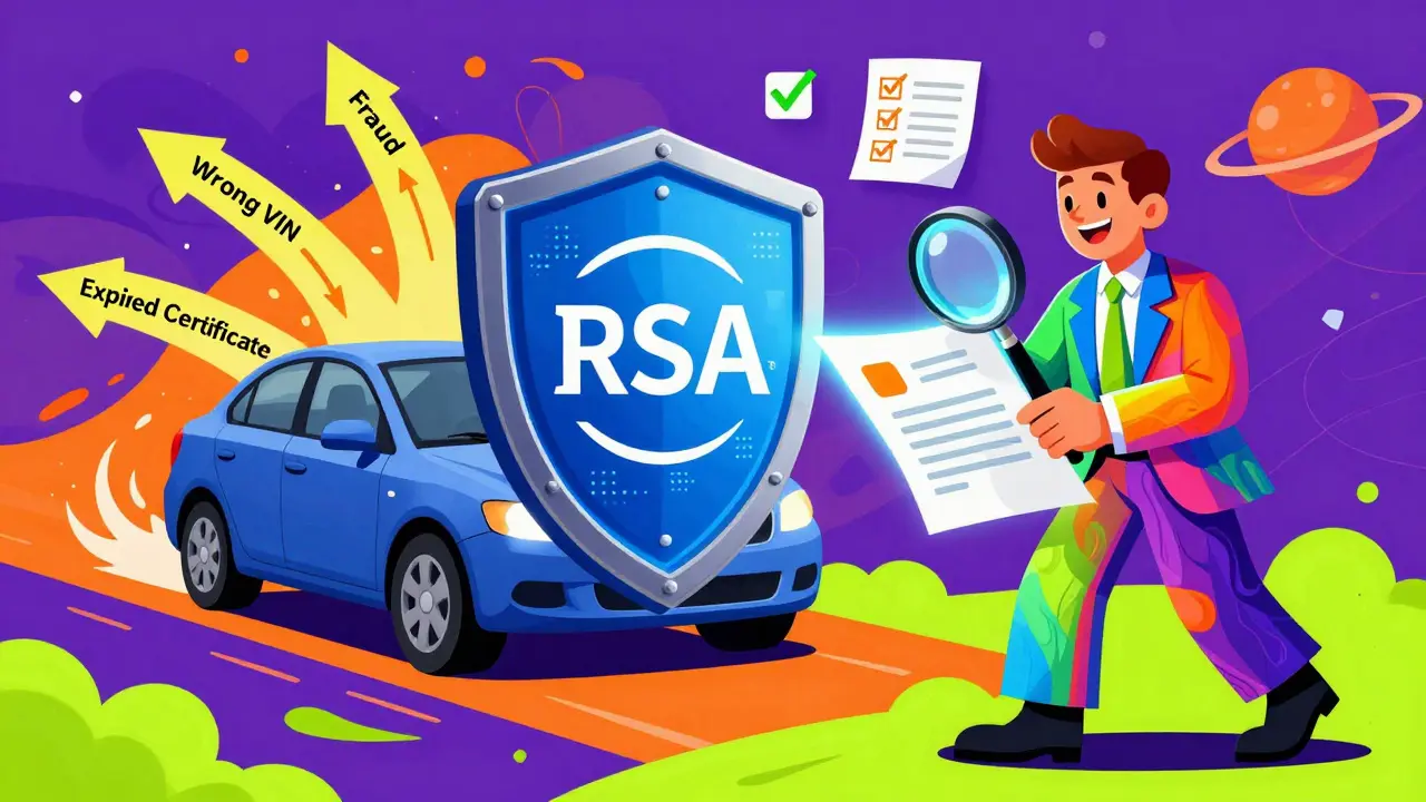 Щит RSA защищает машину от мошеннических атак, рядом — дружелюбный агент с лупой и проверяющий документ.