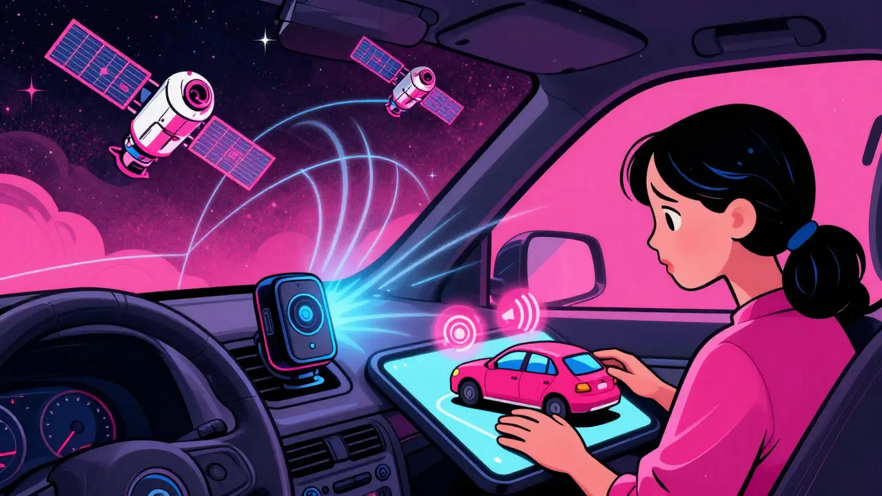 Скрытый GPS-трекер в машине, передающий сигнал спутникам, с предупреждениями на экране телефона