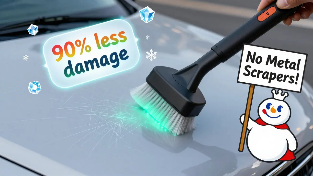 Сравнение поврежденной и целой поверхности кузова под УФ-светом, рядом — современная щетка и веселый снеговик с предупреждением.