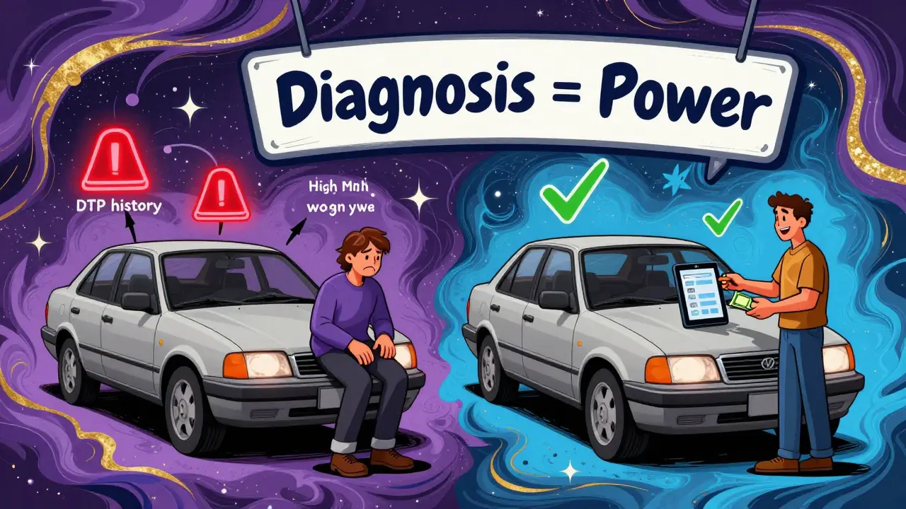 Сравнение: слева — автомобиль с проблемами и грустный покупатель, справа — тот же автомобиль с диагностикой и довольный покупатель, в стиле Питера Макс.