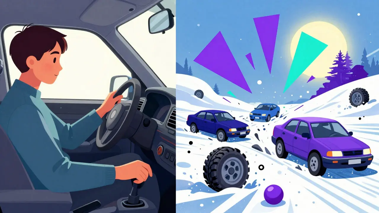 Сравнение спокойного торможения и хаотичного заноса на зимней дороге в ярком психоделическом стиле.