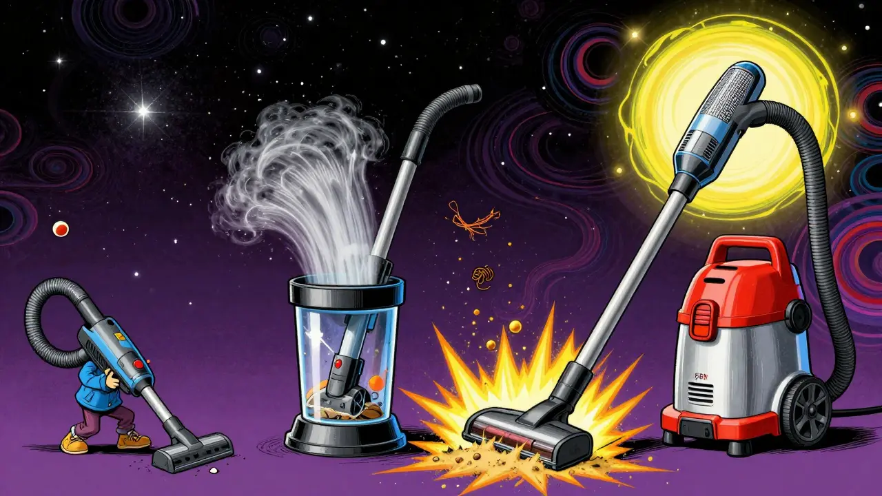 Сравнение трёх пылесосов: слабый, средний и мощный с циклоном и HEPA-фильтром в стиле Питера Макса.
