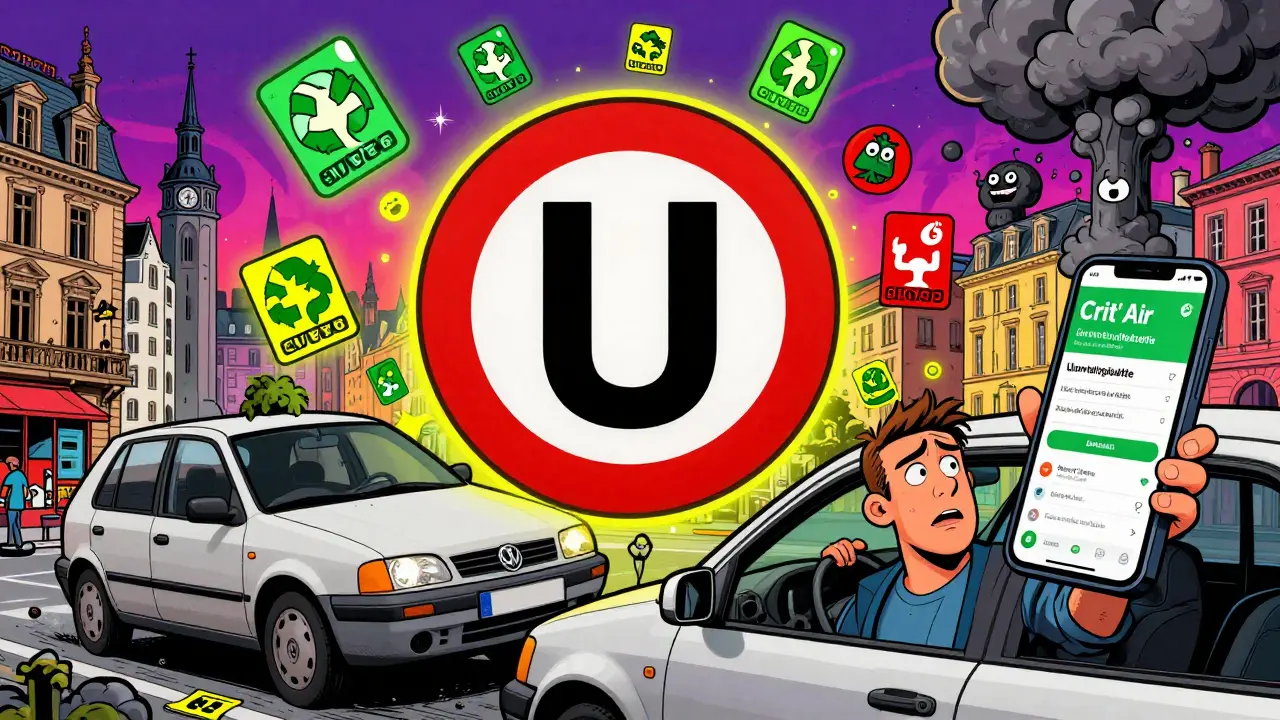 Старый автомобиль остановлен в экологической зоне, вокруг него летают цветные наклейки для экозон.