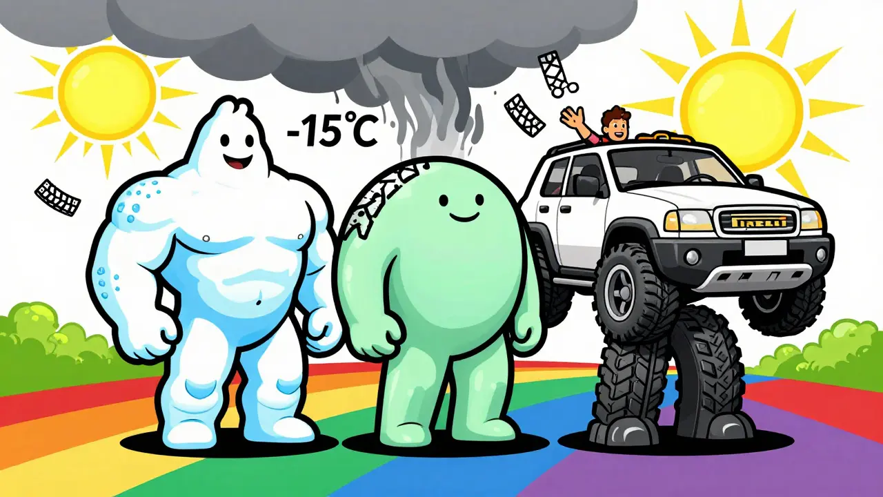 Три антропоморфные шины — Michelin, Pirelli, Nokian — стоят на радужной дороге, за ними солнце растопило снежную тучу.